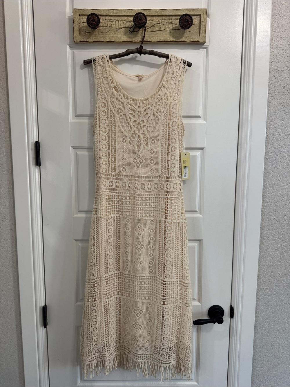 Reba Cream Crochet Fringe Midi Dress